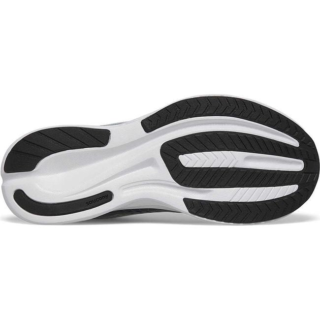 Sole of Kids Saucony Ride KDZ Sneaker in Navy Silver upper and a white sole with navy tread