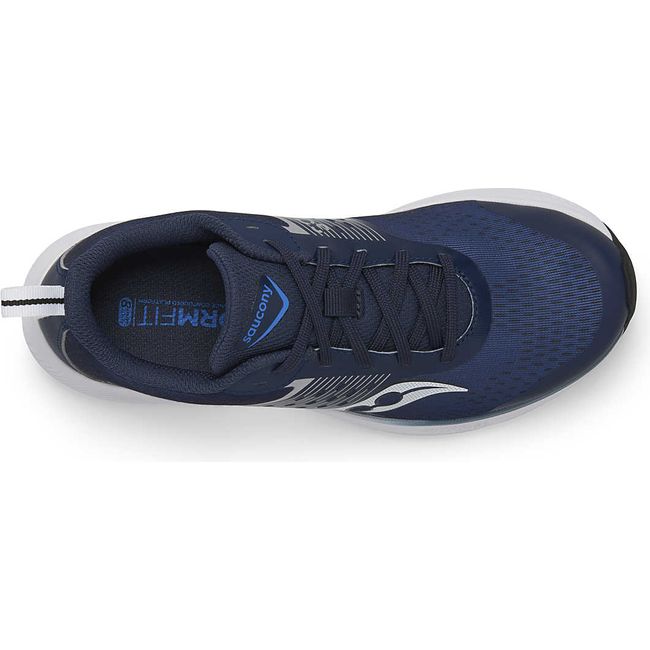 Top down view of Kids Saucony Ride KDZ Sneaker in Navy Silver upper and a white sole