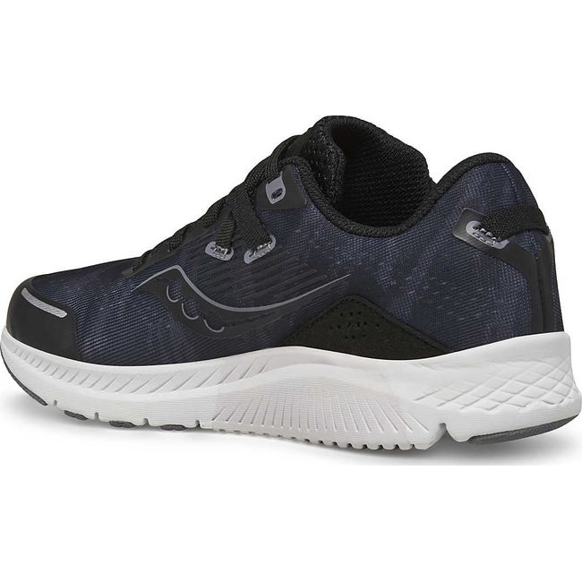 Medial side of Kids Saucony Guide 16 Sneaker. Black upper and White sole showing pronation support