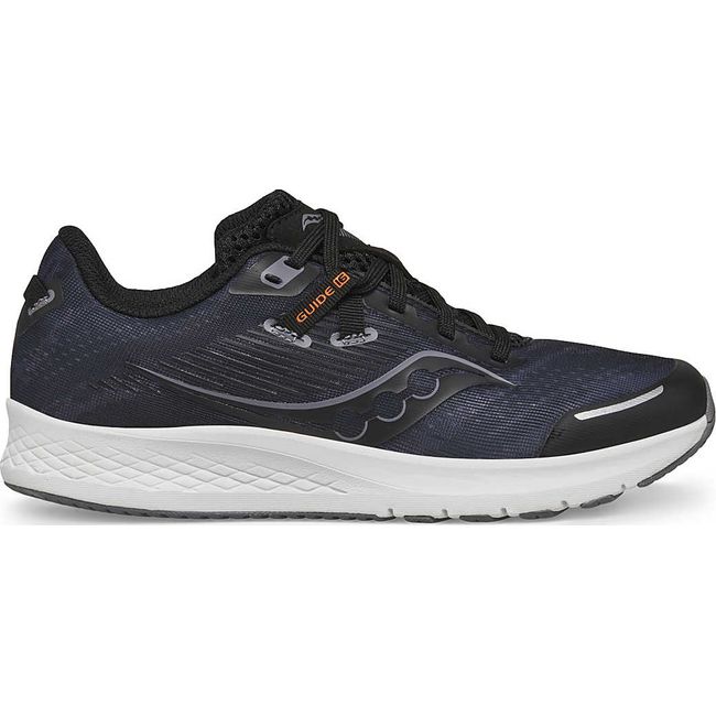 Lateral side of Kids Saucony Guide 16 Sneaker with Black upper and White sole