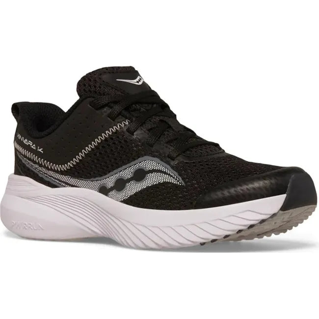 Front angled view of Kids Saucony Kinvara 14 Sneaker in black with a white sole