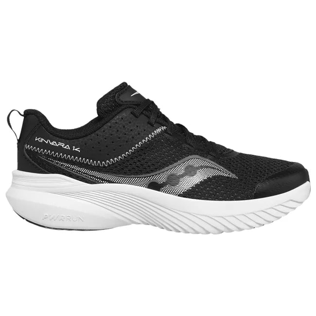Lateral side of Kids Saucony Kinvara 14 Sneaker in black with a white sole