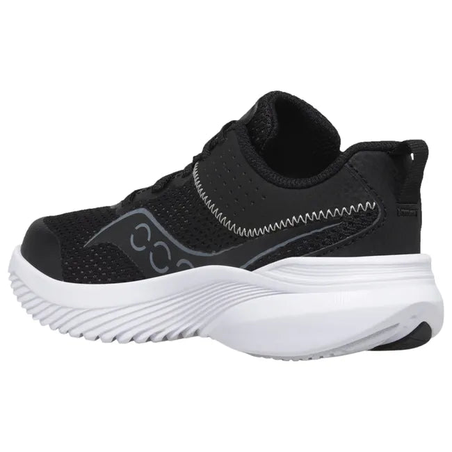 Medial side of Kids Saucony Kinvara 14 Sneaker in black with a white sole