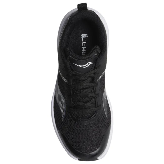 Top down view of Kids Saucony Kinvara 14 Sneaker in black with a white sole