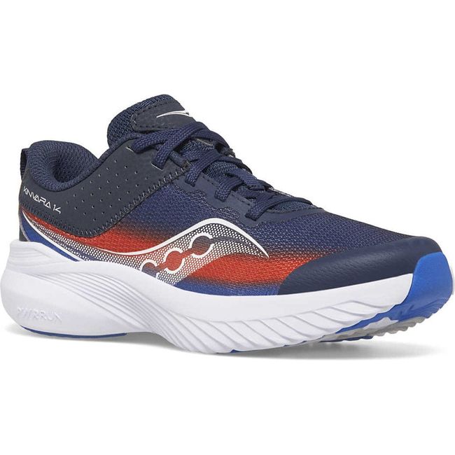 Front angled view of Kids Saucony Kinvara 14 Sneakers in navy and red colorway with a white sole