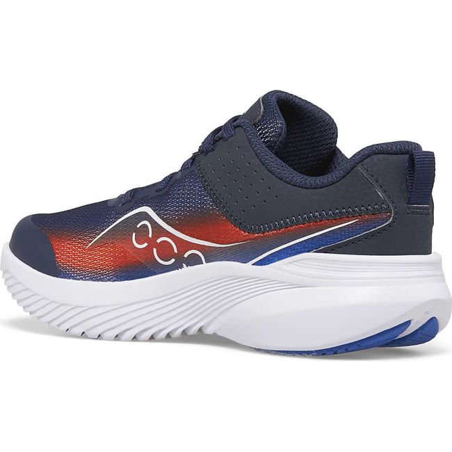 Medial side of Kids Saucony Kinvara 14 Sneakers in navy and red colorway with a white sole