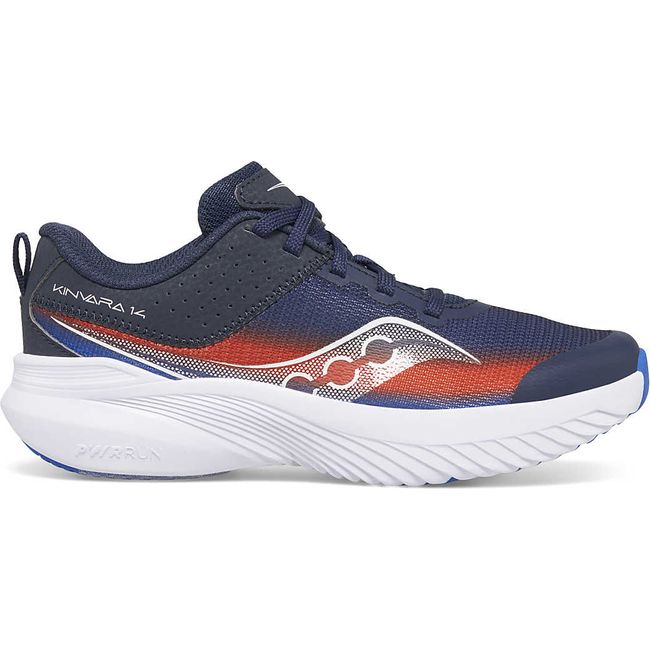 Lateral side of Kids Saucony Kinvara 14 Sneakers in navy and red colorway with a white sole