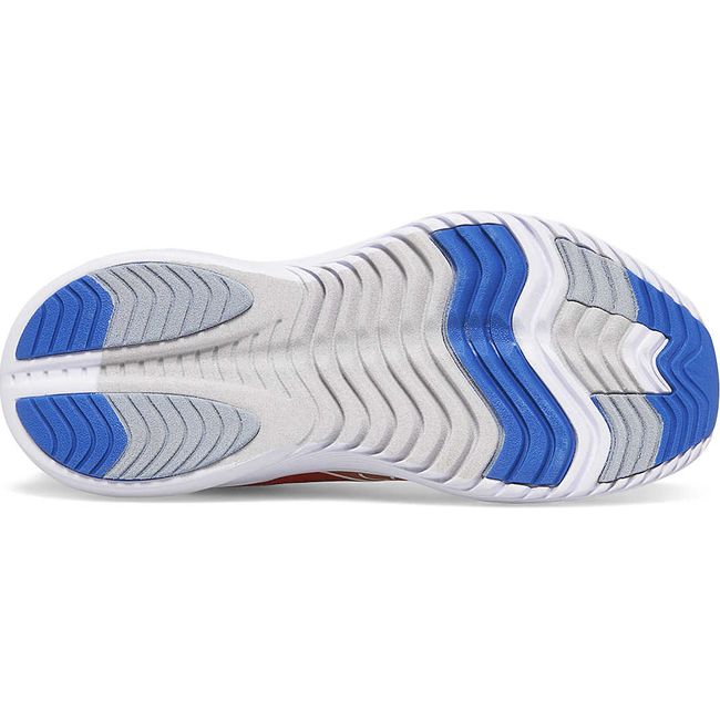 Sole of Kids Saucony Kinvara 14 Sneakers. White sole with gray and blue tread