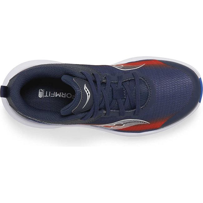 Top down view of Kids Saucony Kinvara 14 Sneakers in navy and red colorway with a white sole