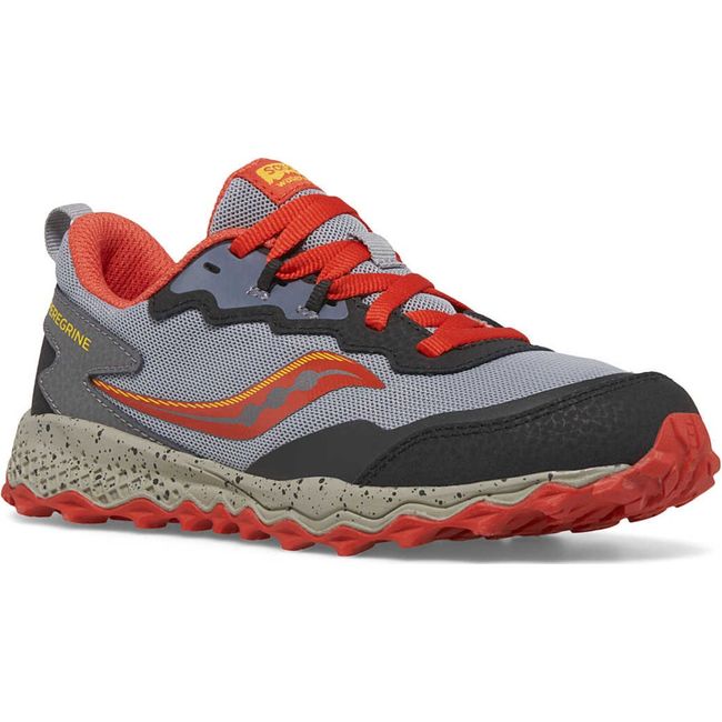 Front of Kids Saucony Peregrine KDZ Sneaker in gray and red upper with yellow accents