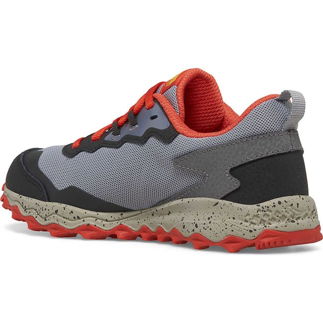 Medial side of Kids Saucony Peregrine KDZ Sneaker in gray and red upper with yellow accents