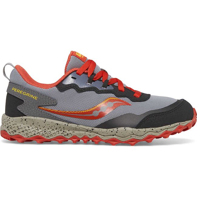 Lateral side of Kids Saucony Peregrine KDZ Sneaker in gray and red upper with yellow accents