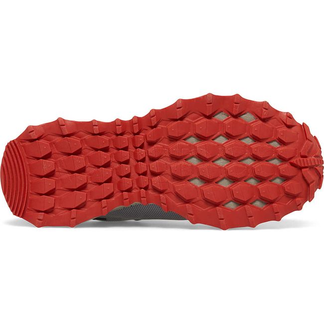 Sole of Kids Saucony Peregrine KDZ Sneaker in gray and red upper with red rugged tread