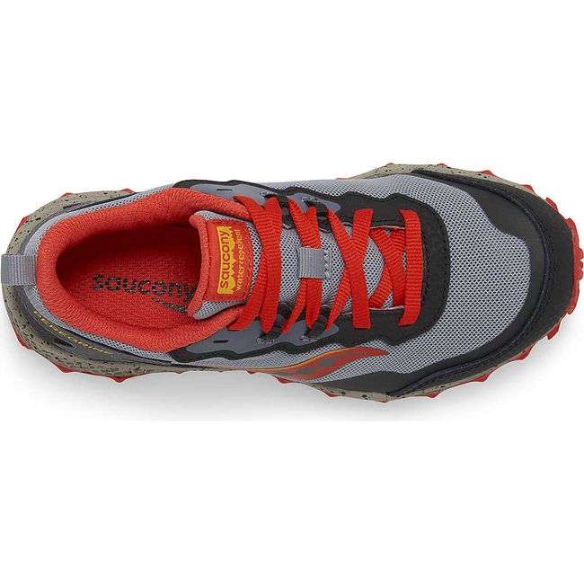 Top down view of Kids Saucony Peregrine KDZ Sneaker in gray and red upper with yellow accents