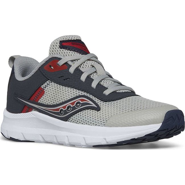 Front of Kids Saucony Shoes Axon 3 Sneaker in Grey, Navy, and Red and a white sole