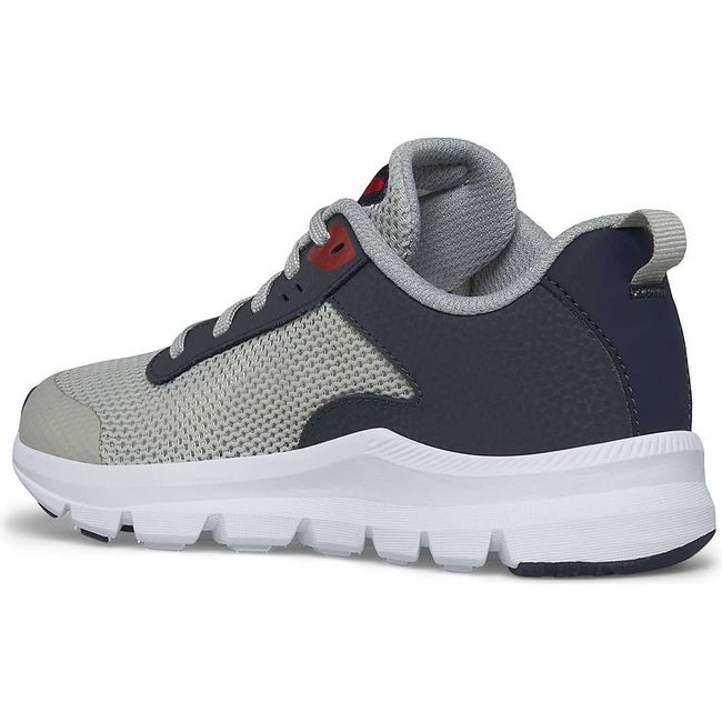 Medial side of Kids Saucony Shoes Axon 3 Sneaker in Grey, Navy, and Red and a white sole