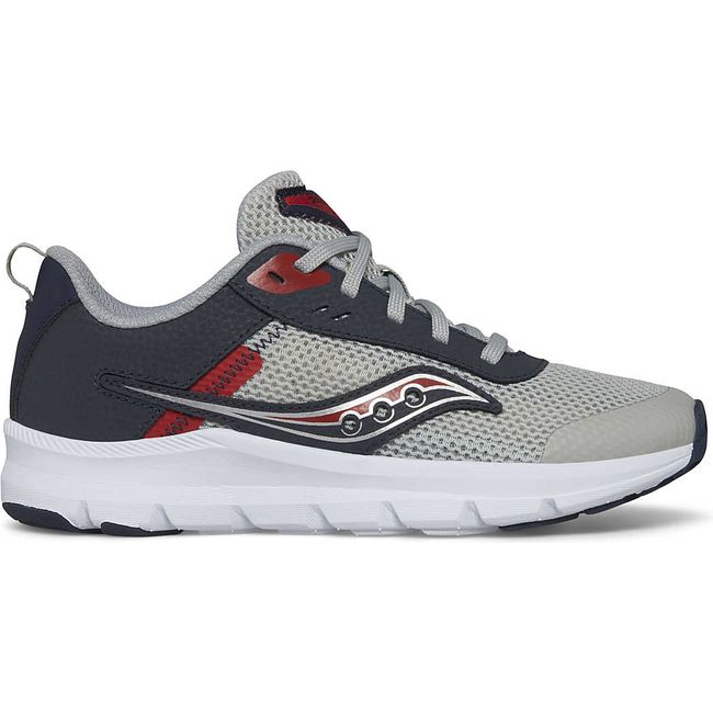 Lateral side of Kids Saucony Shoes Axon 3 Sneaker in Grey, Navy, and Red and a white sole