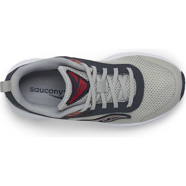 Top down view of Kids Saucony Shoes Axon 3 Sneaker in Grey, Navy, and Red and a white sole