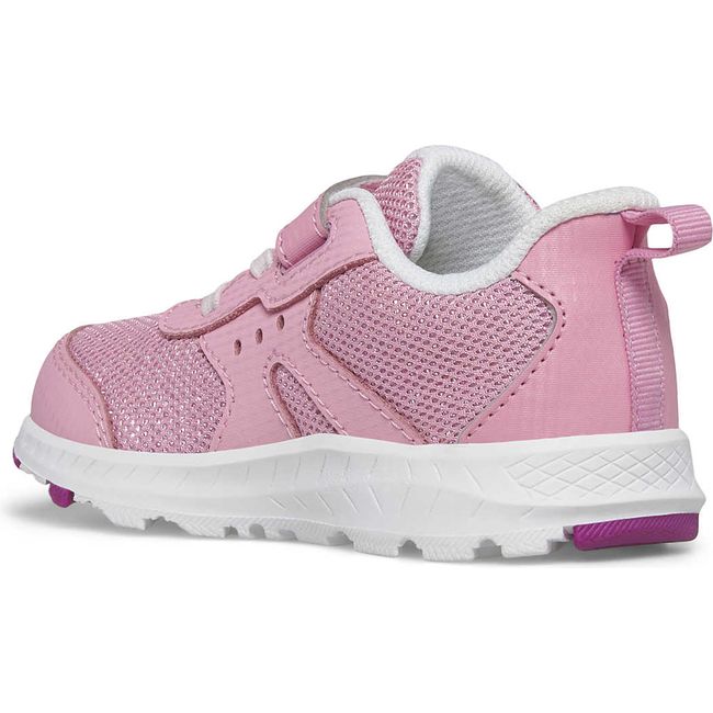 Medial view of Kids Saucony Ride 10 Jr Sneaker with pink mesh upper and white sole