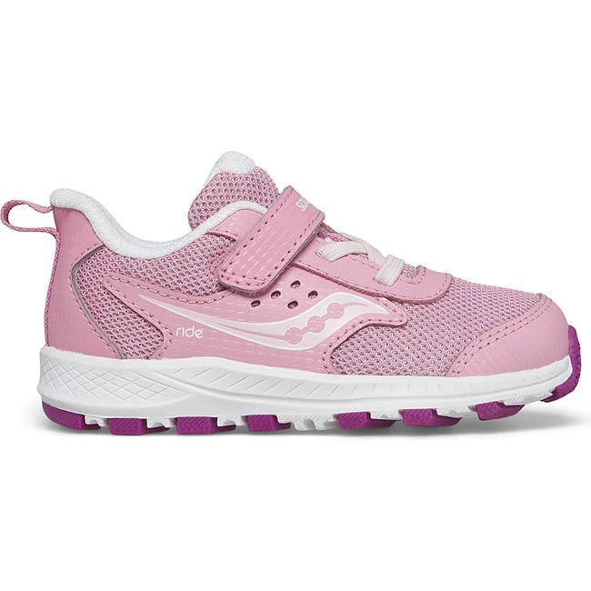 Lateral view of Kids Saucony Ride 10 Jr Sneaker with pink mesh upper and white sole