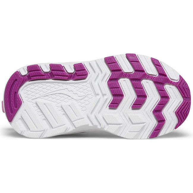 Sole of Kids Saucony Ride 10 Jr Sneaker with pink mesh upper and white sole