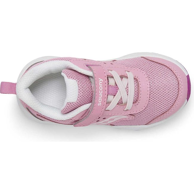 Top down view of Kids Saucony Ride 10 Jr Sneaker with pink mesh upper and white insole
