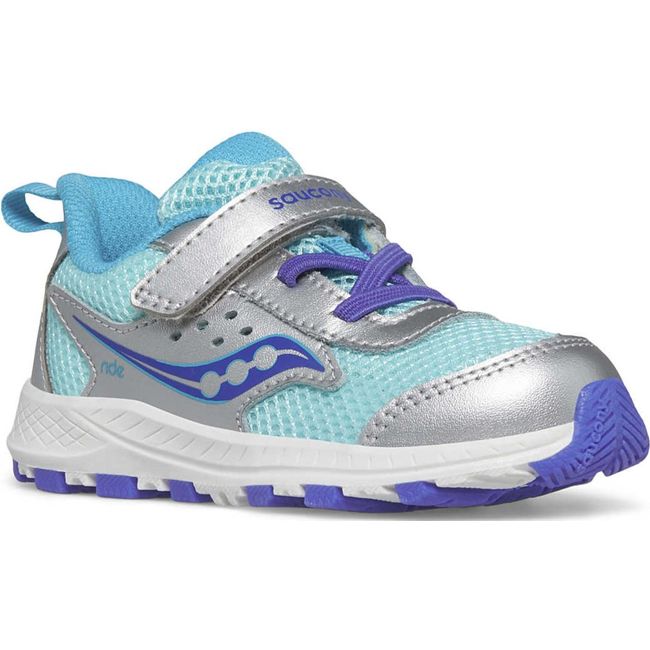 Front angled view of Kids Saucony Ride 10 Jr Sneaker with silver and blue upper and white sole