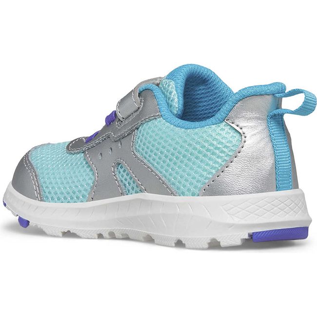 Medial side of Kids Saucony Ride 10 Jr Sneaker with silver and turquoise upper and white sole