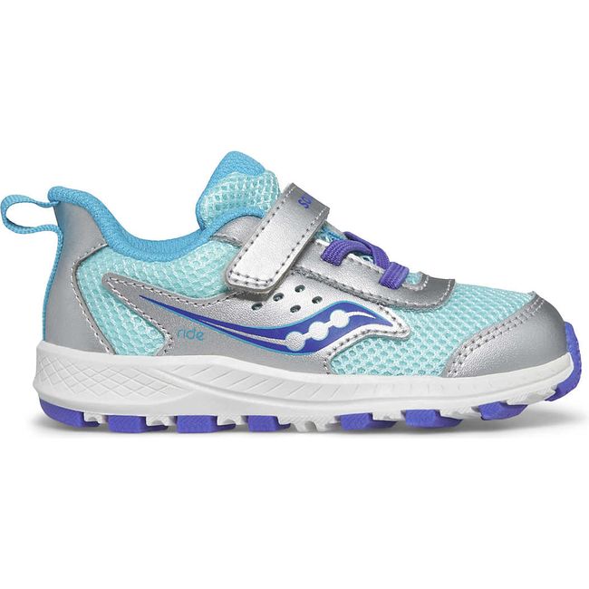 Lateral side of Kids Saucony Ride 10 Jr Sneaker with silver and turquoise upper and white sole