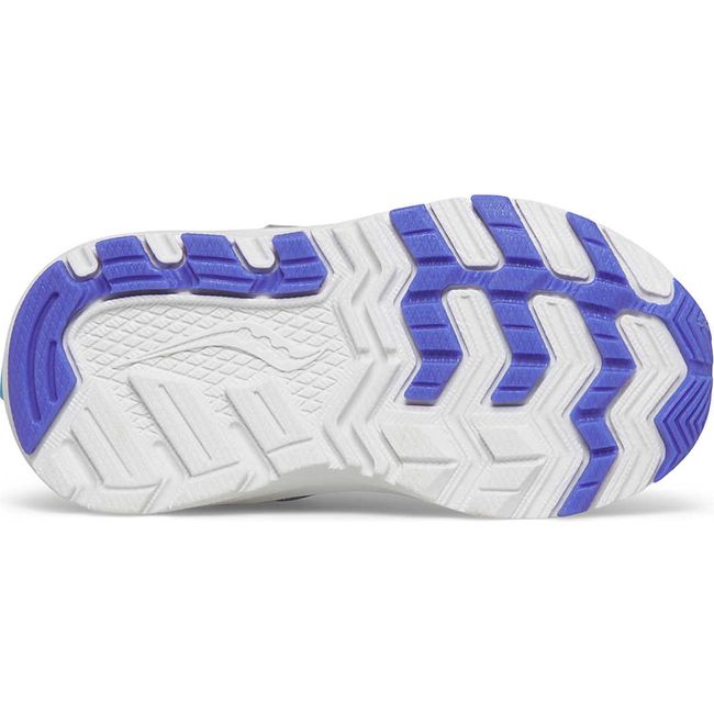 Sole of Kids Saucony Ride 10 Jr Sneaker with silver and blue upper and white sole with purple tread