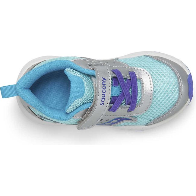 Top down view of Kids Saucony Ride 10 Jr Sneaker with silver and turquoise upper and white sole
