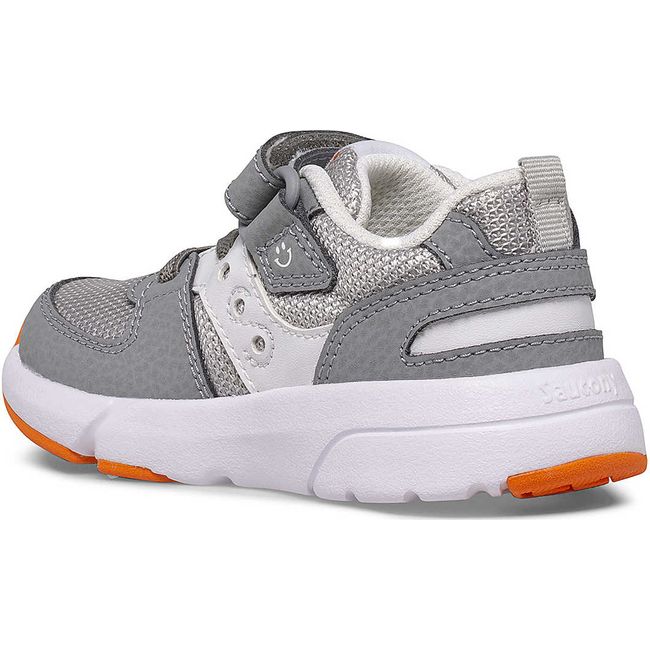 Medial side of Kids Saucony Jazz Lite 2.0 Sneaker in Grey with velcro strap and orange accents