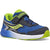 Front angled view of Kids Saucony Ride 10 Jr Sneaker in Navy and blue upper and green accents