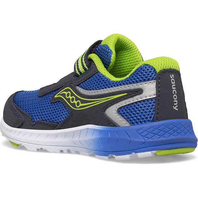 Medial side view of Kids Saucony Ride 10 Jr Sneaker in Navy and blue upper and green accents
