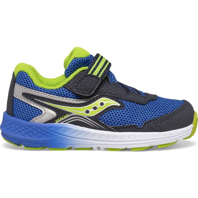 Lateral side view of Kids Saucony Ride 10 Jr Sneaker in Navy and blue upper and green accents