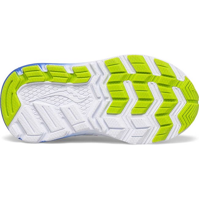 Sole of Kids Saucony Ride 10 Jr Sneaker in Navy and blue upper. White solde with bright green tread