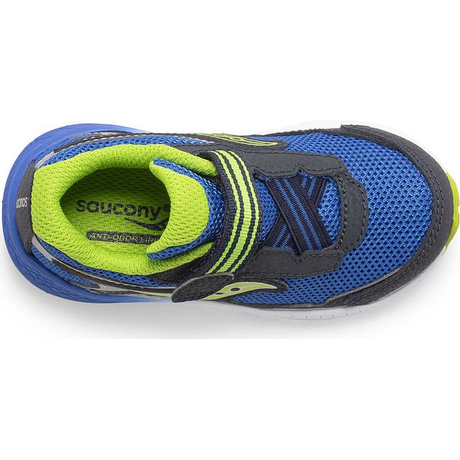 Top down view of Kids Saucony Ride 10 Jr Sneaker in Navy and blue mesh upper and green accents