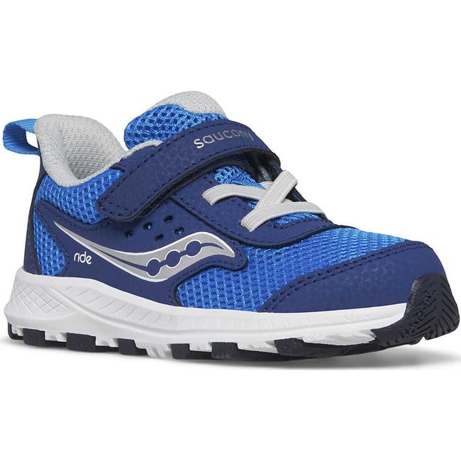 Front angled view of Kids Saucony Ride 10 Jr Sneaker with blue upper, silver accents, and white sole