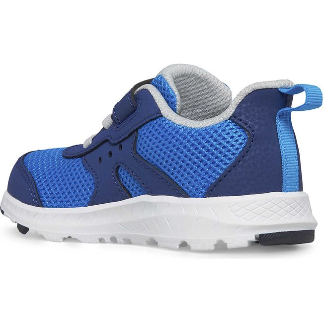 Medial view of Kids Saucony Ride 10 Jr Sneaker with blue upper, silver accents, and white sole