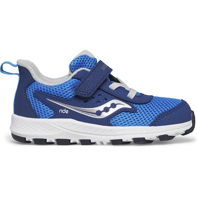 Lateral view of Kids Saucony Ride 10 Jr Sneaker with blue upper, silver accents, and white sole