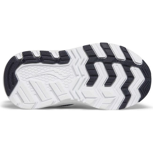 Sole of Kids Saucony Ride 10 Jr Sneaker with blue upper and a white sole with navy tread