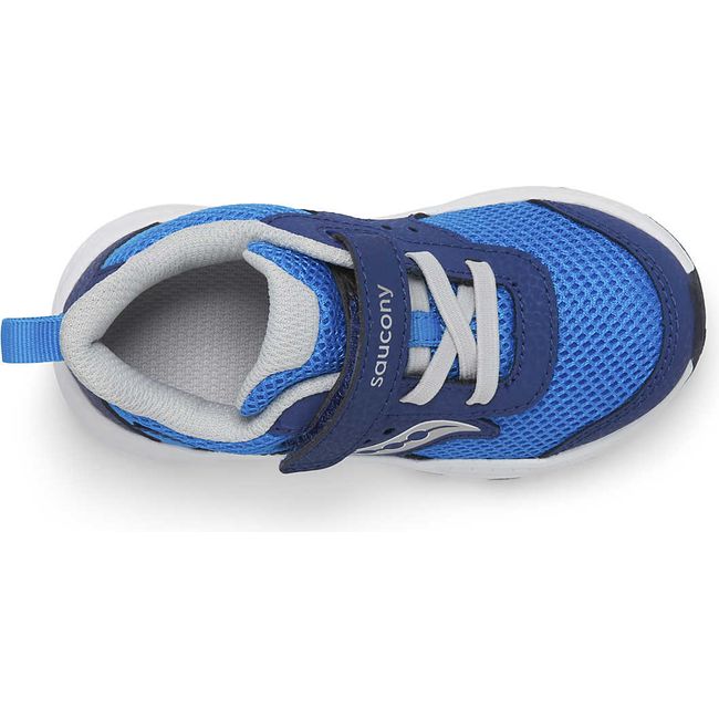 Top down view of Kids Saucony Ride 10 Jr Sneaker with blue upper, silver accents, and white sole