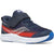 Front angled view of Kids Saucony Kinvara 14 AC Jr Sneaker in Navy and Red with a white sole