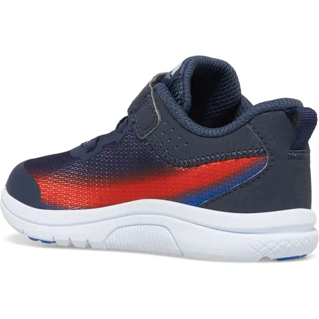 Medial side of Kids Saucony Kinvara 14 AC Jr Sneaker in Navy and Red with a white sole