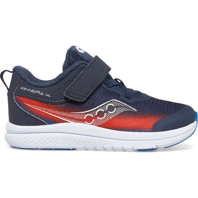 Lateral side of Kids Saucony Kinvara 14 AC Jr Sneaker in Navy and Red with a white sole