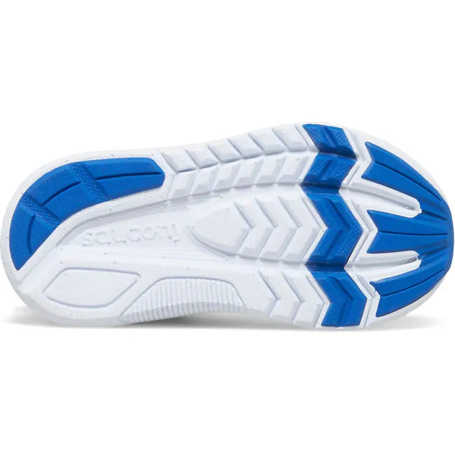 Sole of Kids Saucony Kinvara 14 AC Jr Sneaker in navy with a white sole and white and blue tread