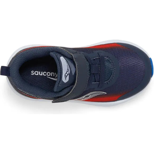 Top down view of Kids Saucony Kinvara 14 AC Jr Sneaker in Navy and Red with a white sole