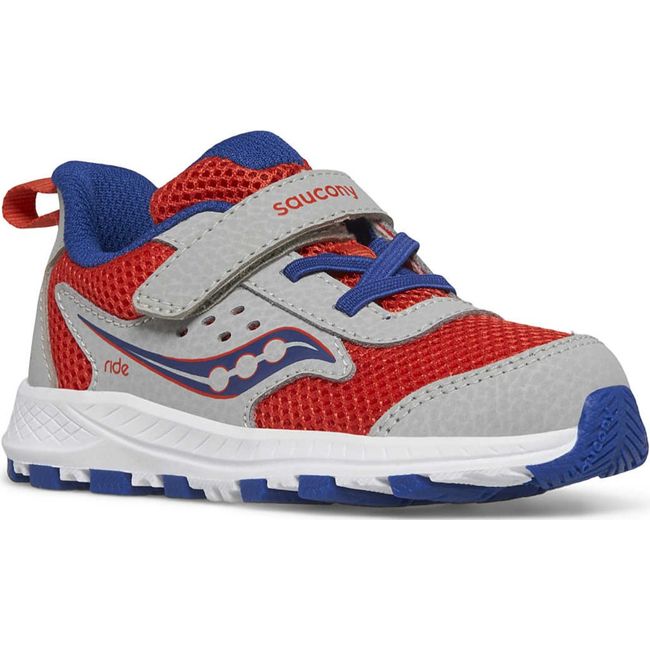 Front angled view of Kids Saucony Ride 10 Jr Sneaker in red, gray, and blue with a white sole