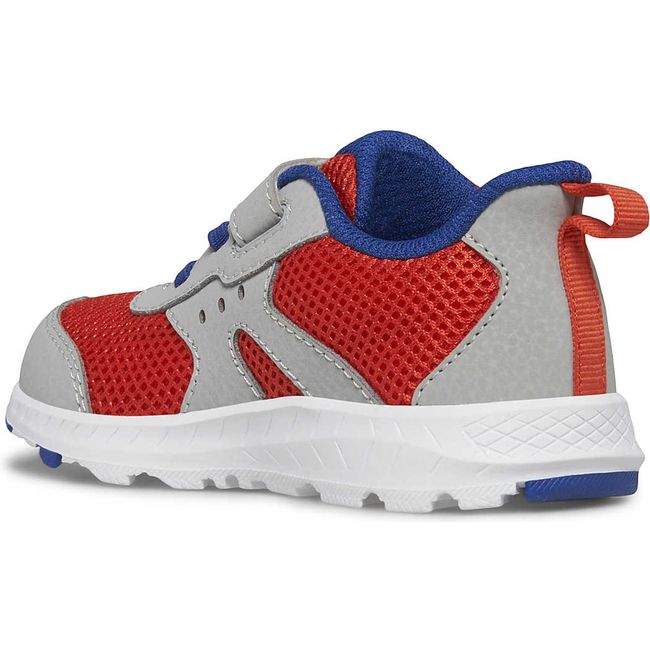 Medial side of Kids Saucony Ride 10 Jr Sneaker in red, gray, and blue with a white sole