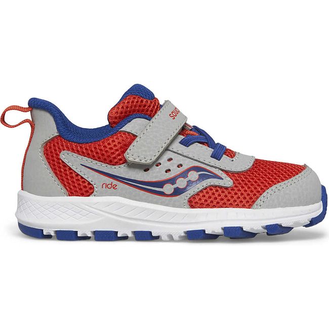 Lateral side of Kids Saucony Ride 10 Jr Sneaker in red, gray, and blue with a white sole